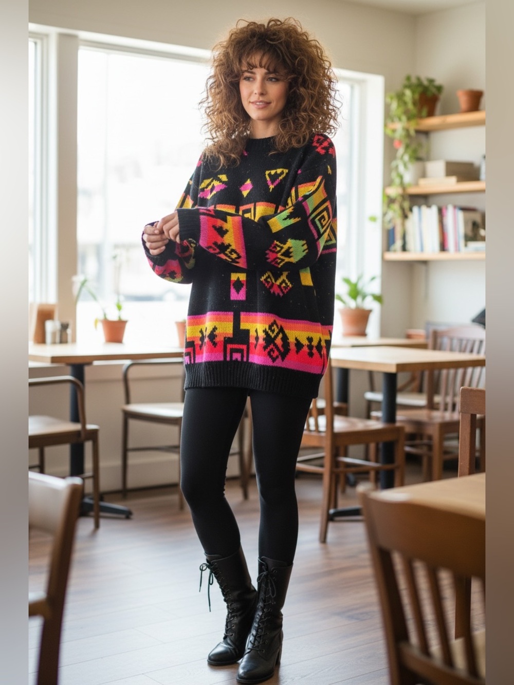 1980’s Jane Adams neon Sweater Aztec geometric M Made In USA bright retro